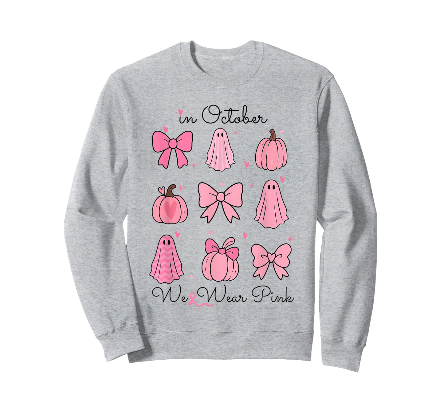 in October We Wear Pink Pumpkin Bows Ghost Breast Cancer T-Shirt