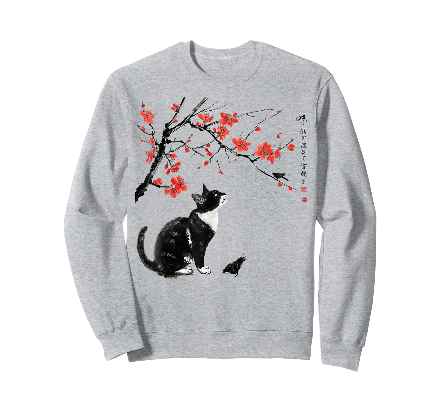 Japanese Nature Art: Cat and Bird with Cherry Blossom Tree T-Shirt