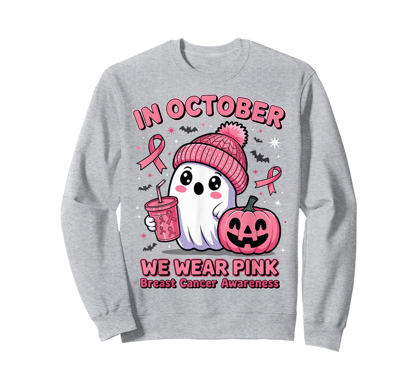 in October We Wear Pink Ghost Halloween Breast Cancer Women T-Shirt