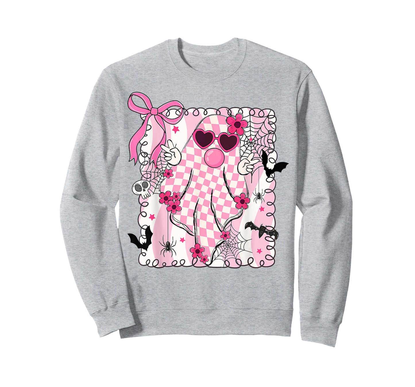 Cute Pink Ghost Blowing Bubble Gum Checkered Halloween T-Shirt