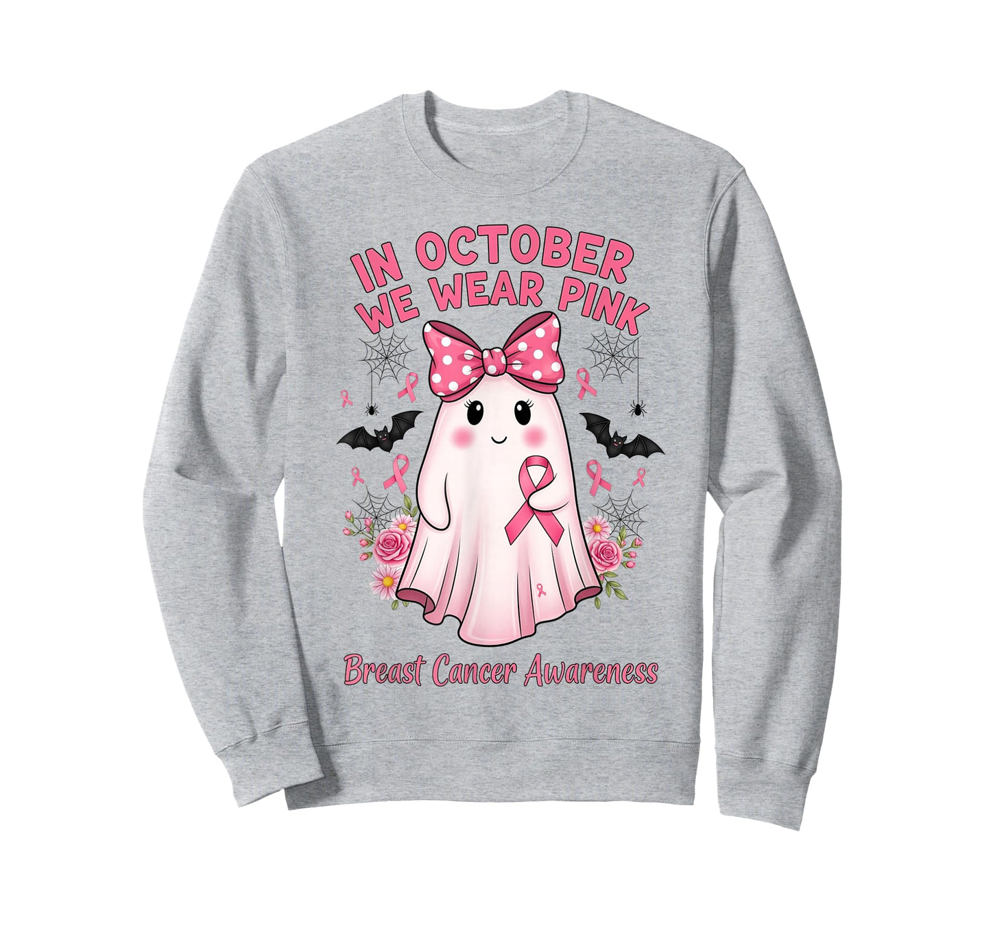 in October We Wear Pink Ghost with Bow Breast Cancer Support T-Shirt