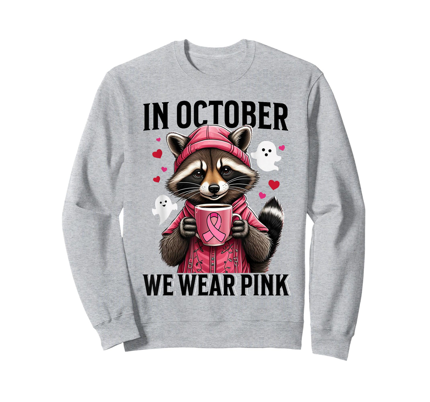 In October We Wear Pink Cute Raccoon Ghost Coffee Drink Pink T-Shirt