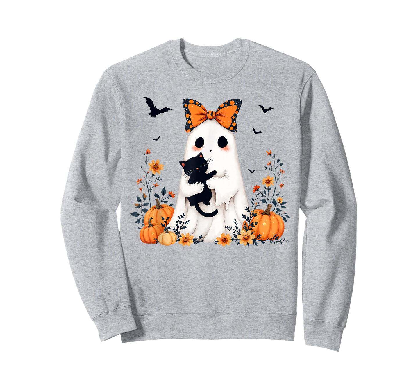Ghost Holding Black Cat Halloween Pumpkin Floral Cat Lovers T-Shirt