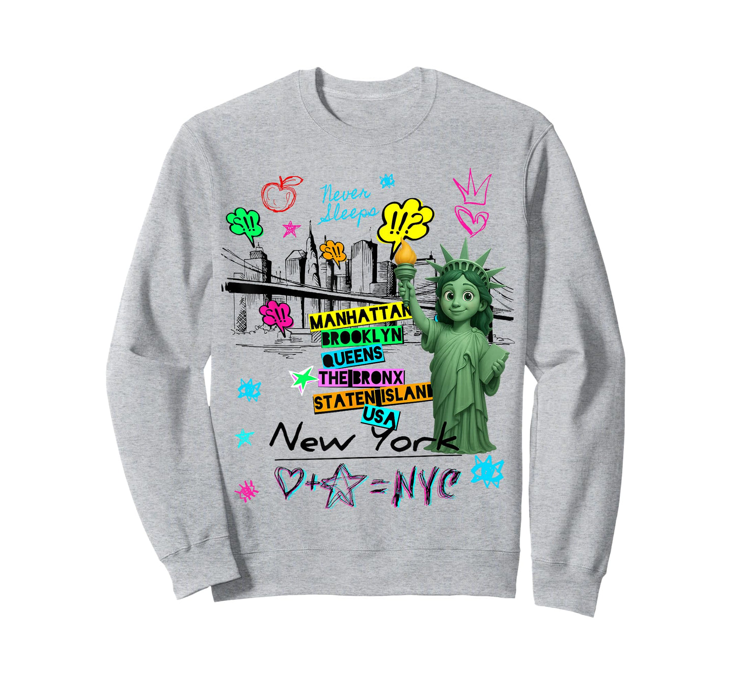 New York City Baby Statue of Liberty Skyline Sketch Cartoon T-Shirt