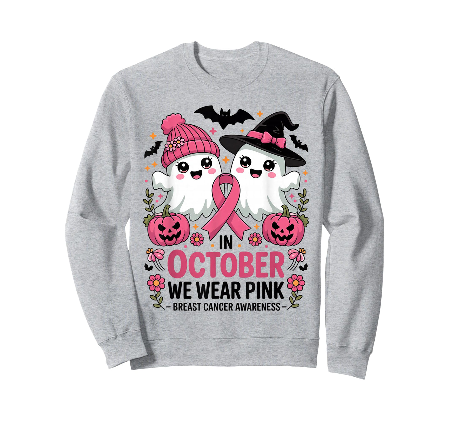 in October We Wear Pink Ghost Witch Breast Cancer Awareness T-Shirt