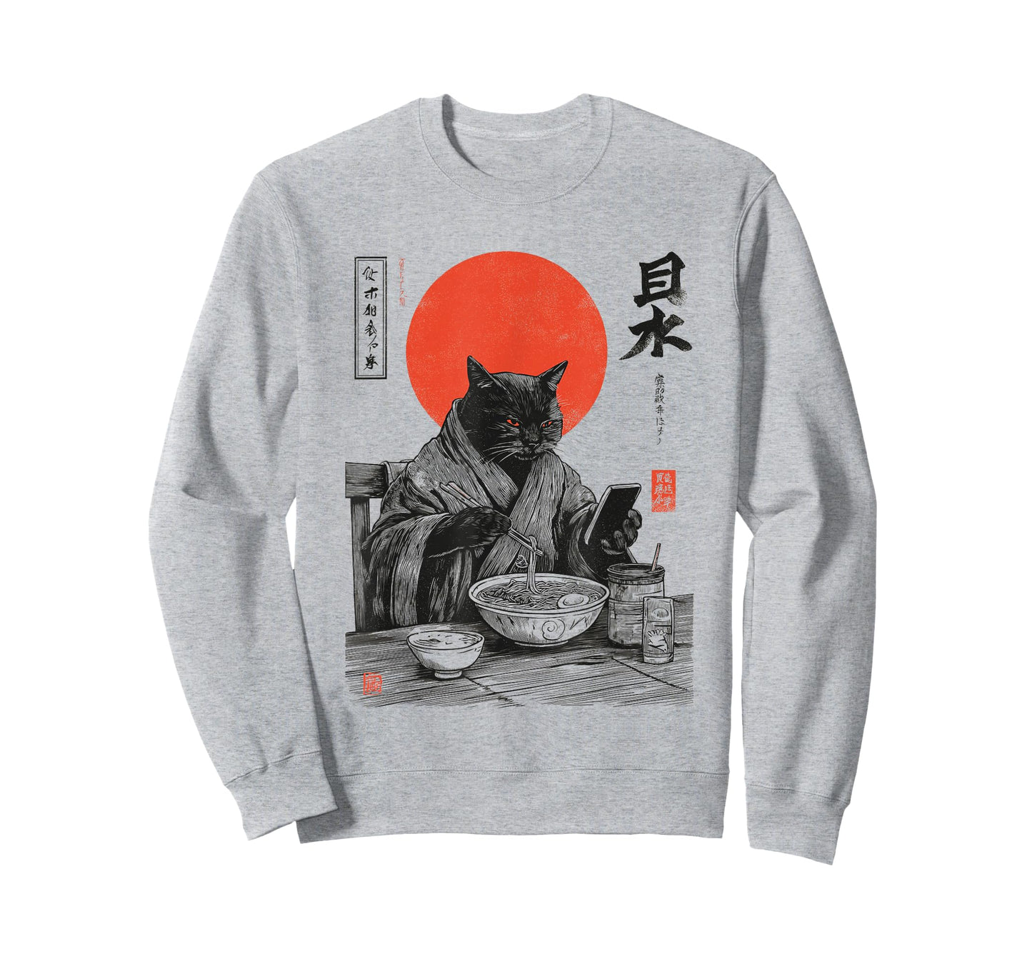 Samurai Cat Eat Ramen Scroll Phone Japanese Food Humor Art T-Shirt