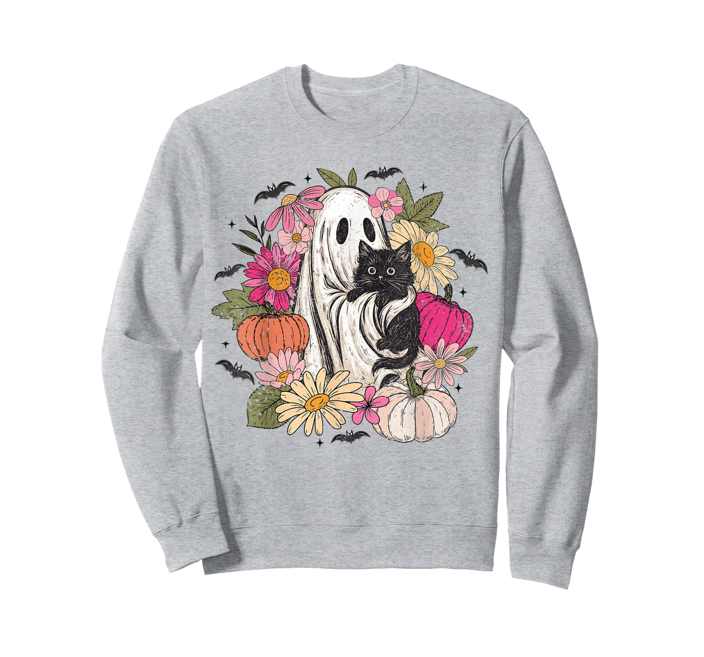 Vintage Halloween Ghost Holding Black Cat Groovy Floral T-Shirt