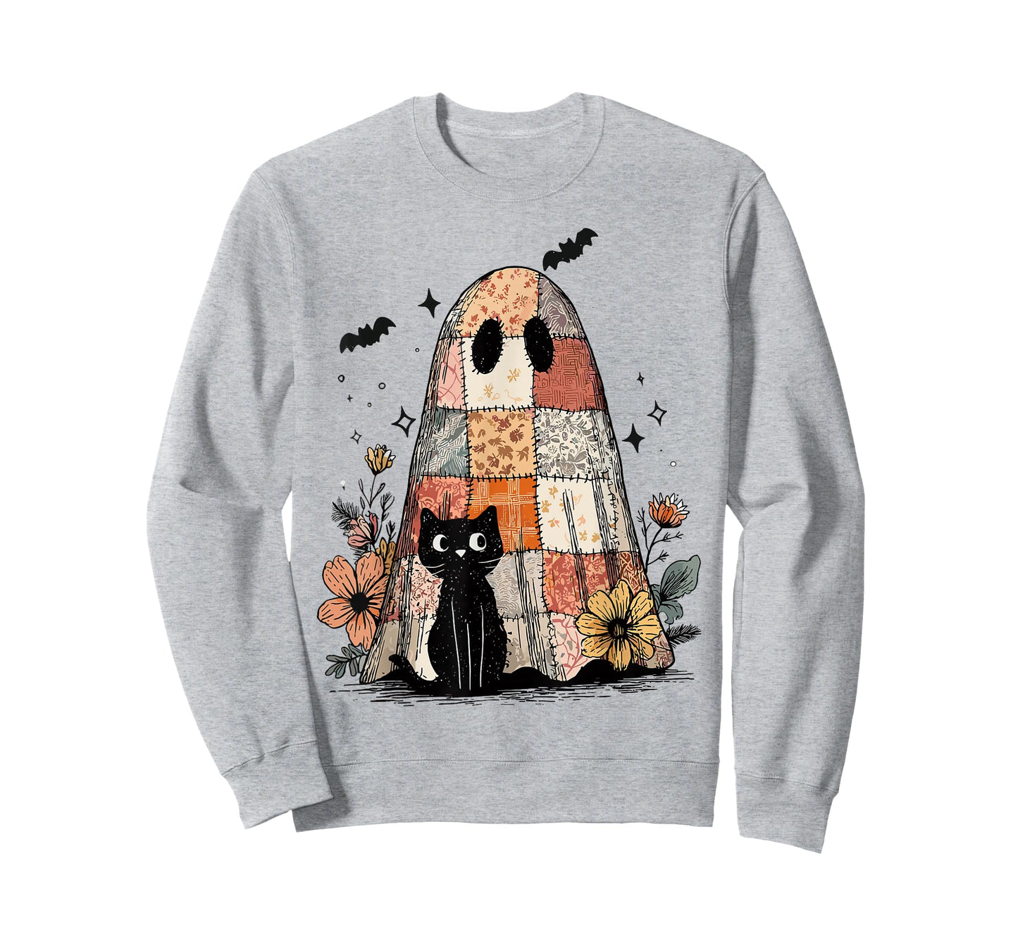 Retro Patchwork Ghost and Cat Floral Hallowee Spooky Season T-Shirt
