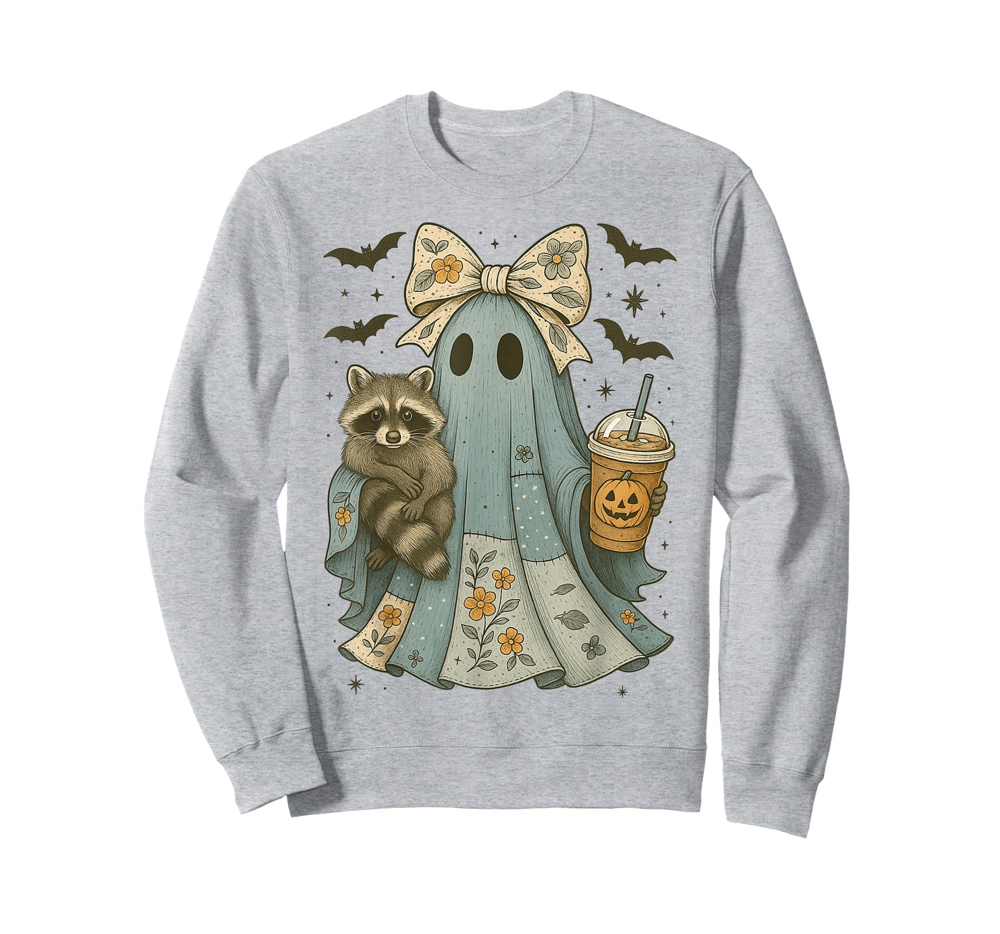 Cute Ghost Raccoon Iced Coffee Retro Funny Floral Halloween T-Shirt