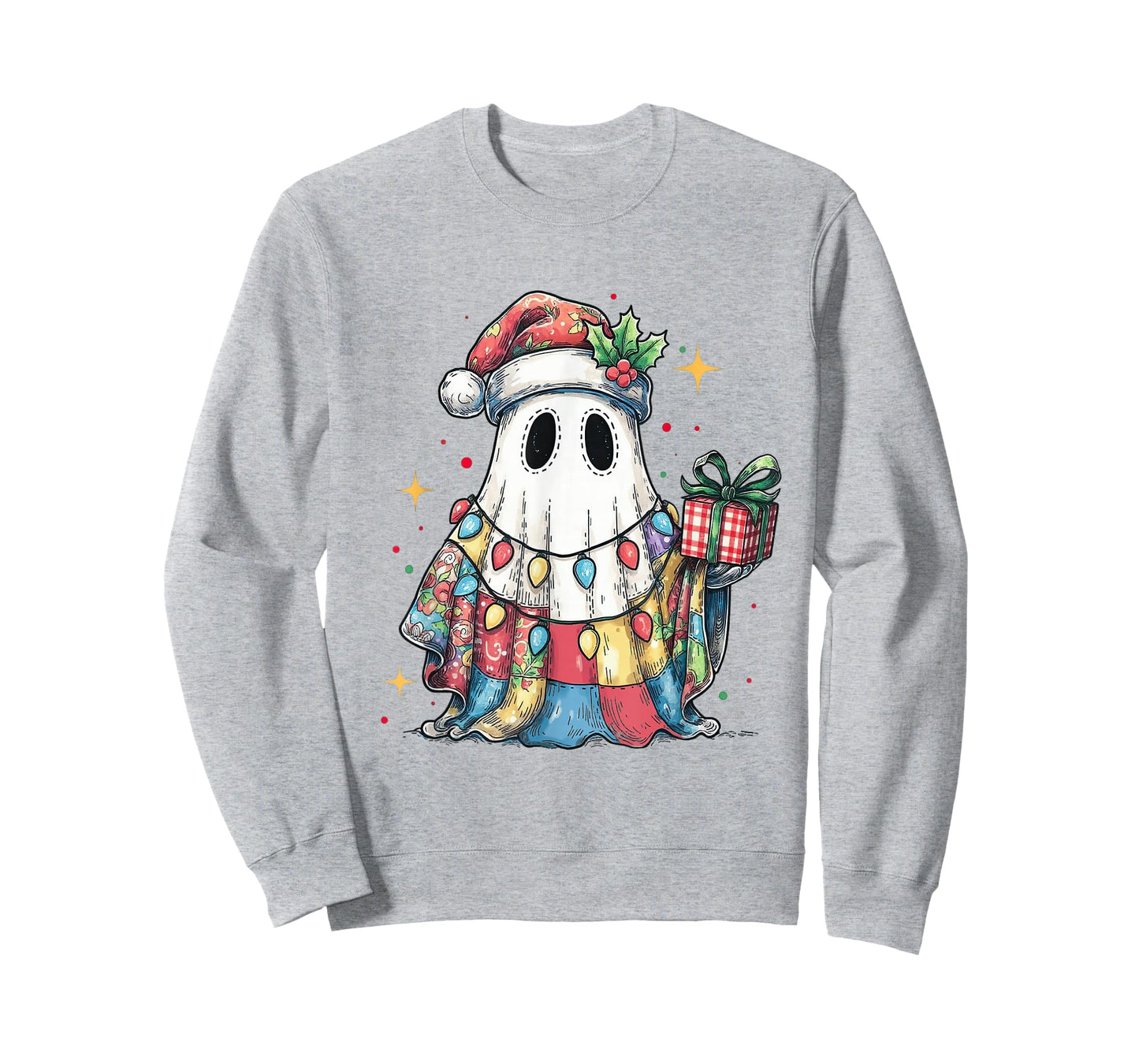 Santa Ghost Spooky Christmas Light Patchwork Matching Family T-Shirt