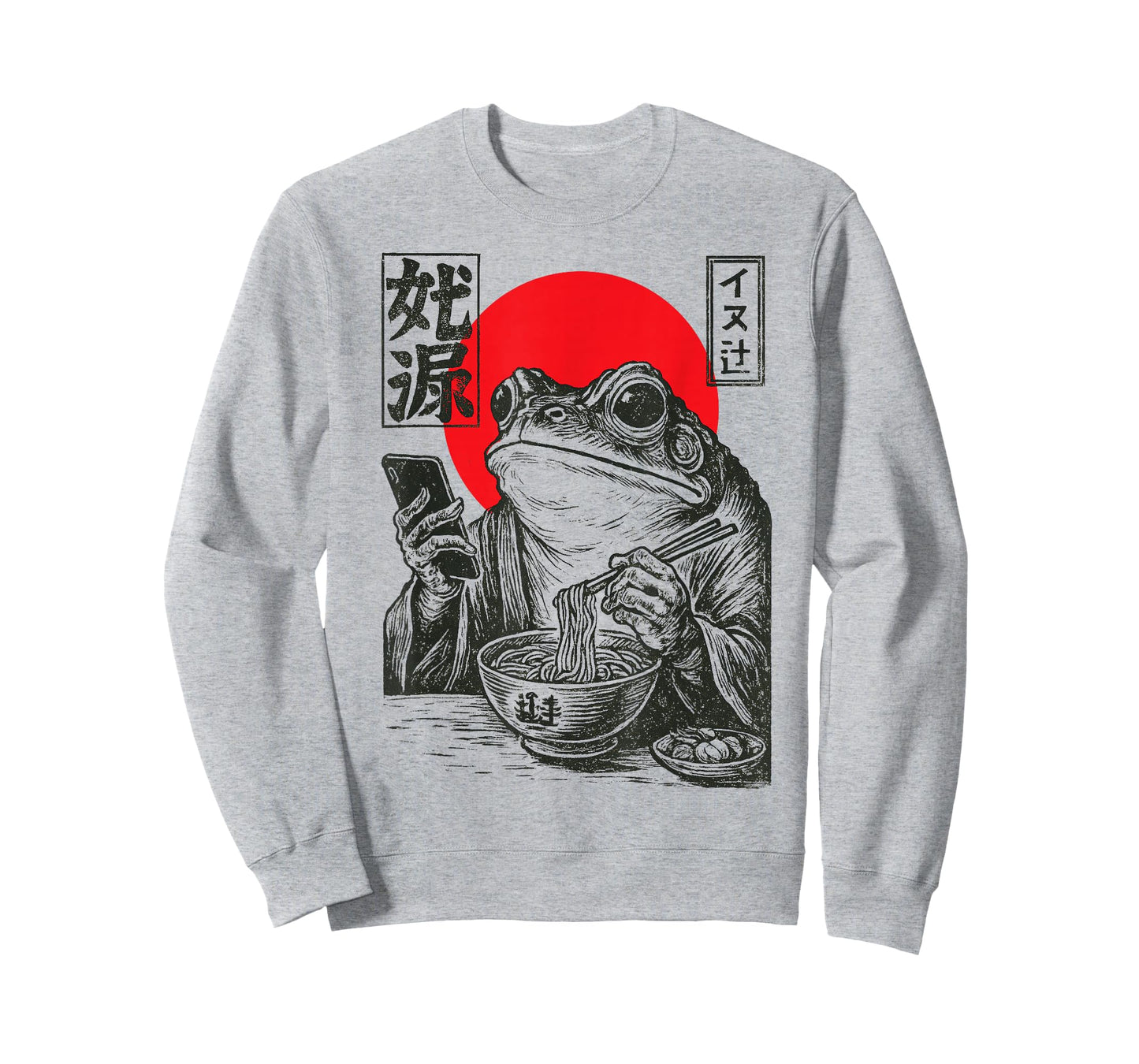 Funny Grumpy Frog Eat Ramen and Scroll Phone Japanese Art T-Shirt