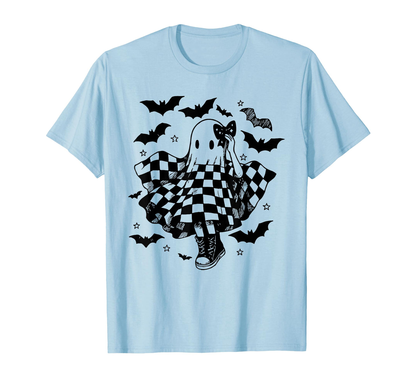 Retro Halloween Checkered Ghost Dance Coquette Bow Womens T-Shirt