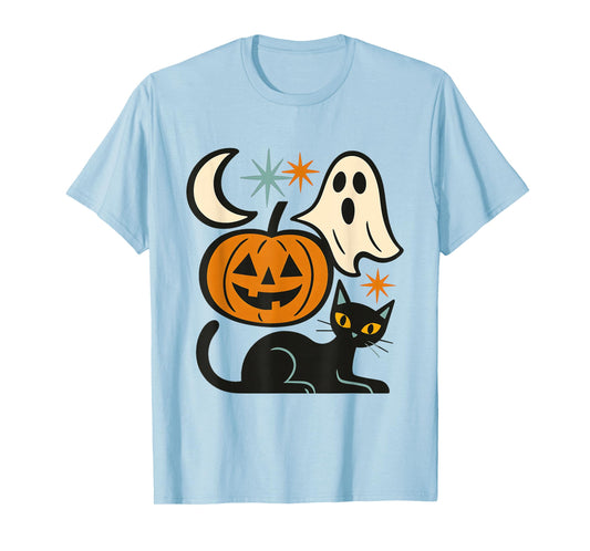 Spooky Cute Retro Halloween Cat Ghost Pumpkin Moon Design T-Shirt