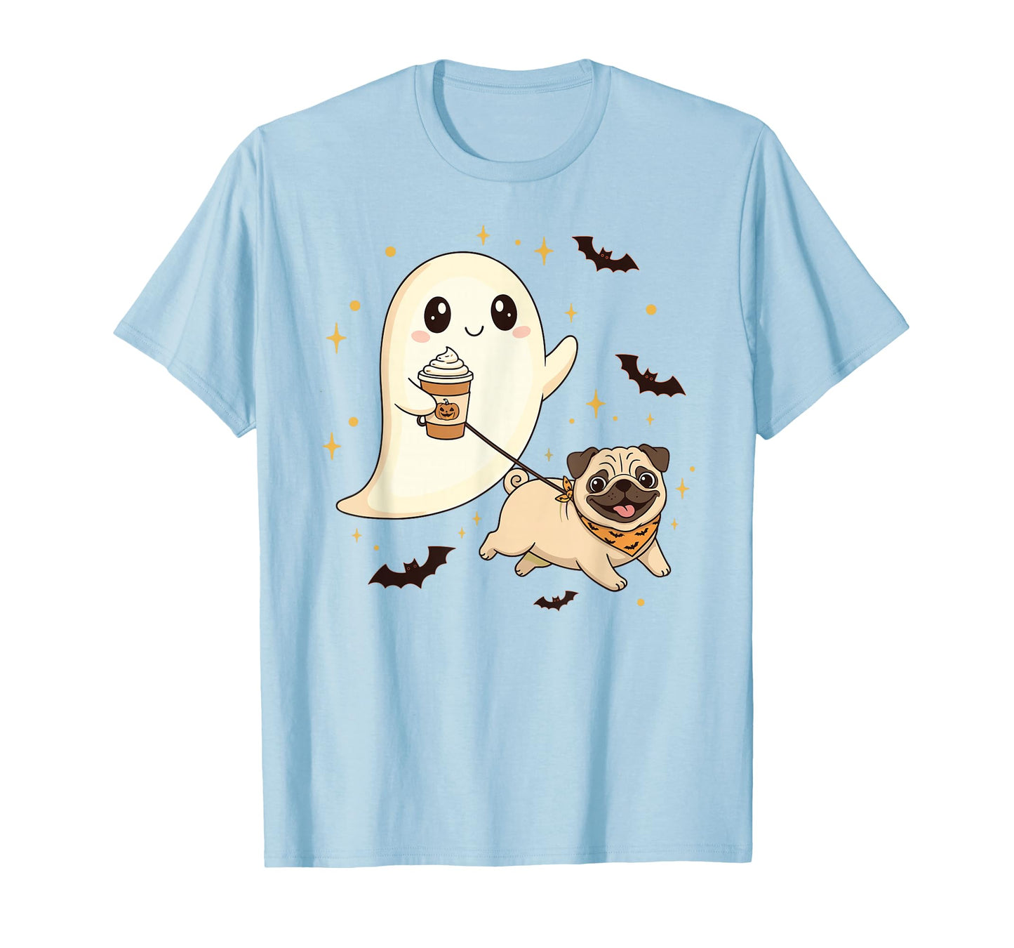 Cute Ghost Walking Dog Pug Coffee Halloween Costume T-Shirt