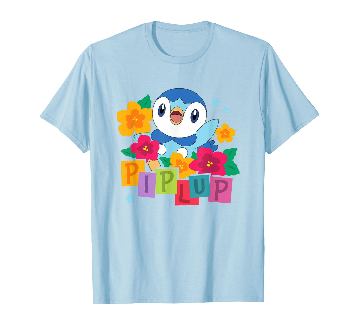 Pokémon Cute Happy Piplup Big Chest Colorful Floral Poster T-Shirt