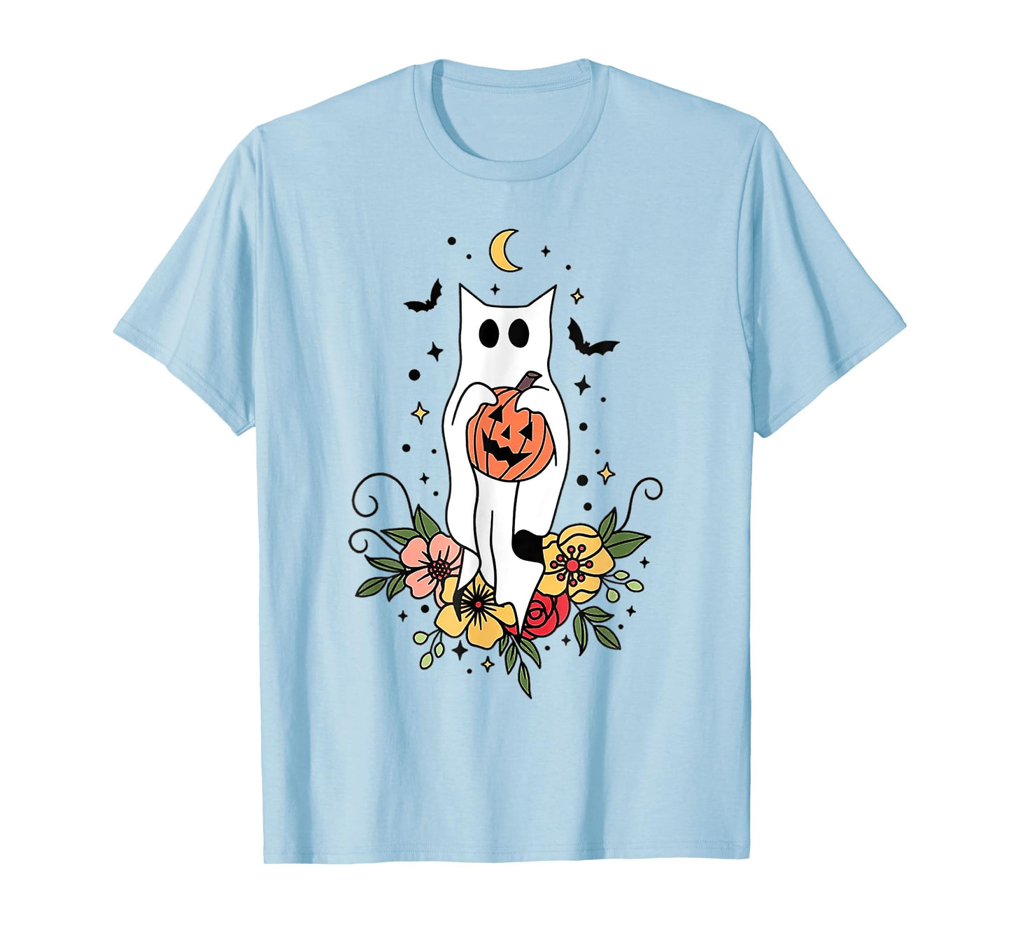 Halloween Ghost Cat Pumpkin Floral T-Shirt