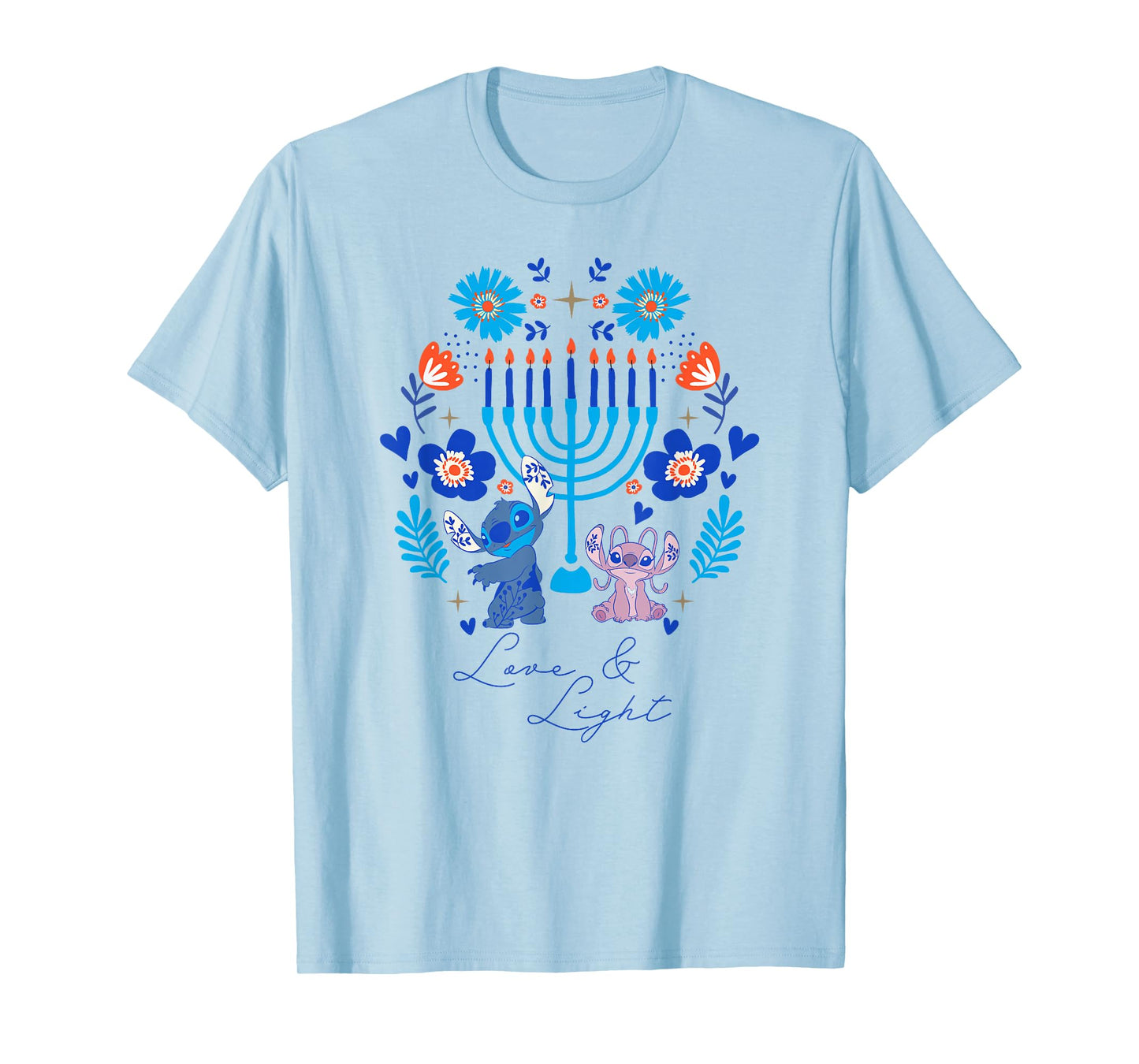 Disney Lilo & Stitch Hanukkah Love & Light Holiday Folk Art T-Shirt