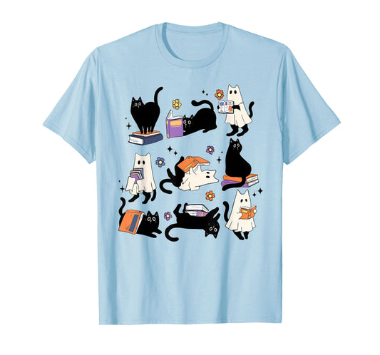 Funny Ghost Black Cat Books Lover Teacher Spooky Halloween T-Shirt