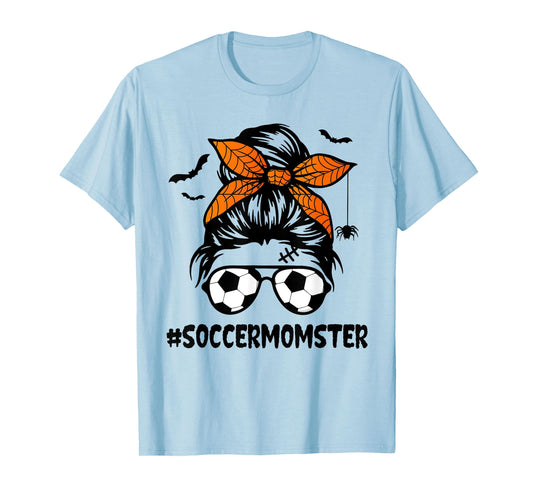 Soccer Momster for Women Halloween Mom Messy Bun Hair T-Shirt