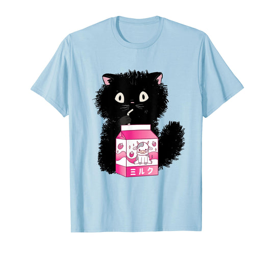 Girls Cute Cat Strawberry Milk Kawaii Cow and Kitten T-Shirt