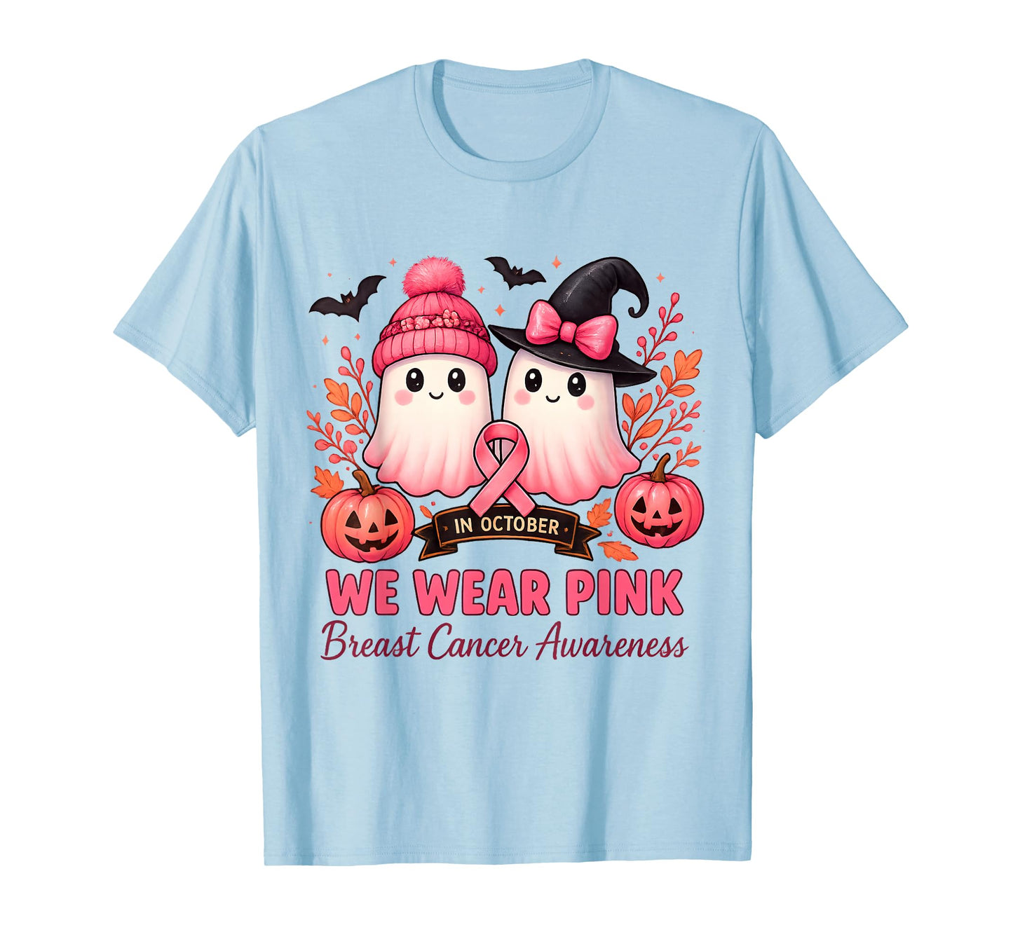 in October We Wear Pink Ghosts Breast Cancer Awareness T-Shirt