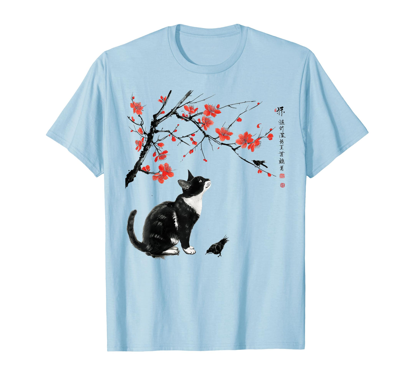 Japanese Nature Art: Cat and Bird with Cherry Blossom Tree T-Shirt