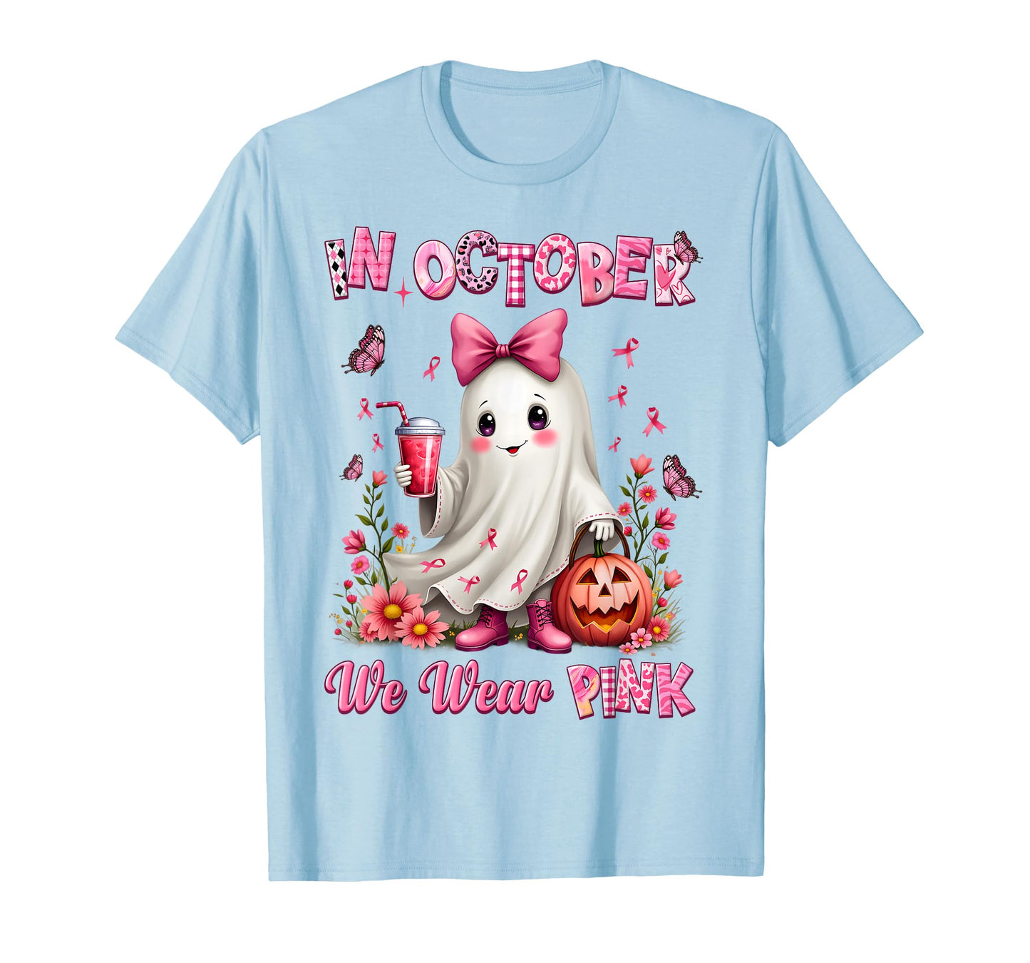 In October We Wear Pink Ghost Breast Cancer Awareness T-Shirt