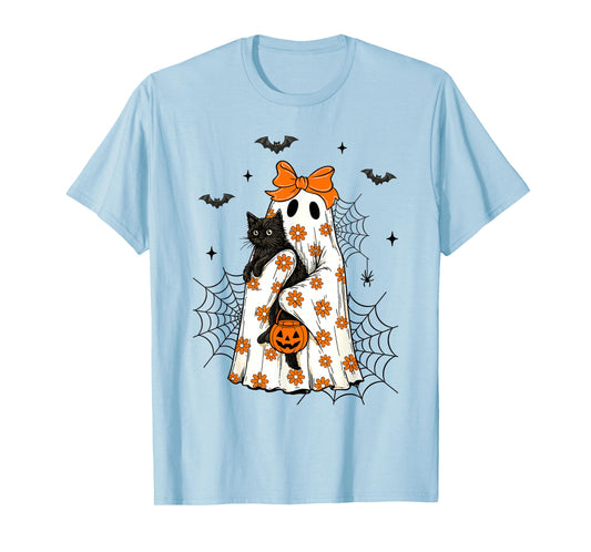 Coquette Bow Ghost and Black Cat Retro Halloween T-Shirt