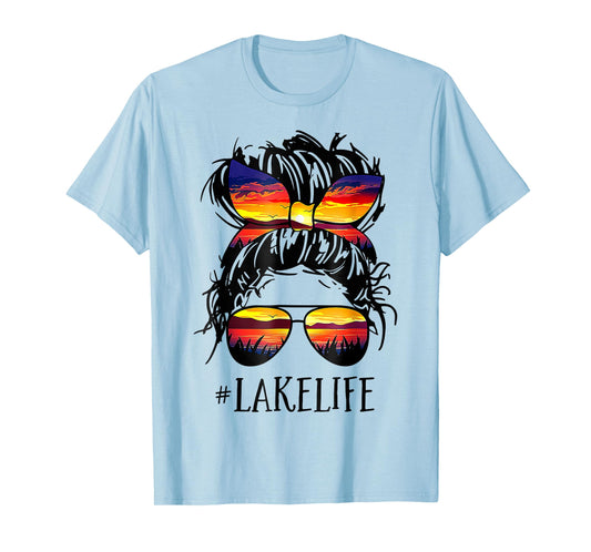 Lake Life Messy Bun Hair Girl Retro Lake Summer T-Shirt