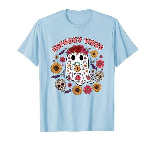 Espooky Vibes Halloween Floral Ghost Day of The Dead Mexican T-Shirt