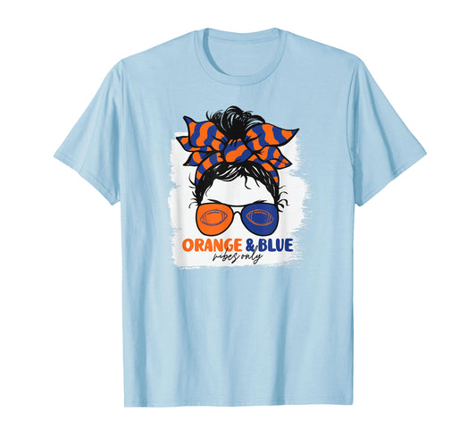 Orange and Blue Vibes Only Football Mom Gameday Messy Hair T-Shirt