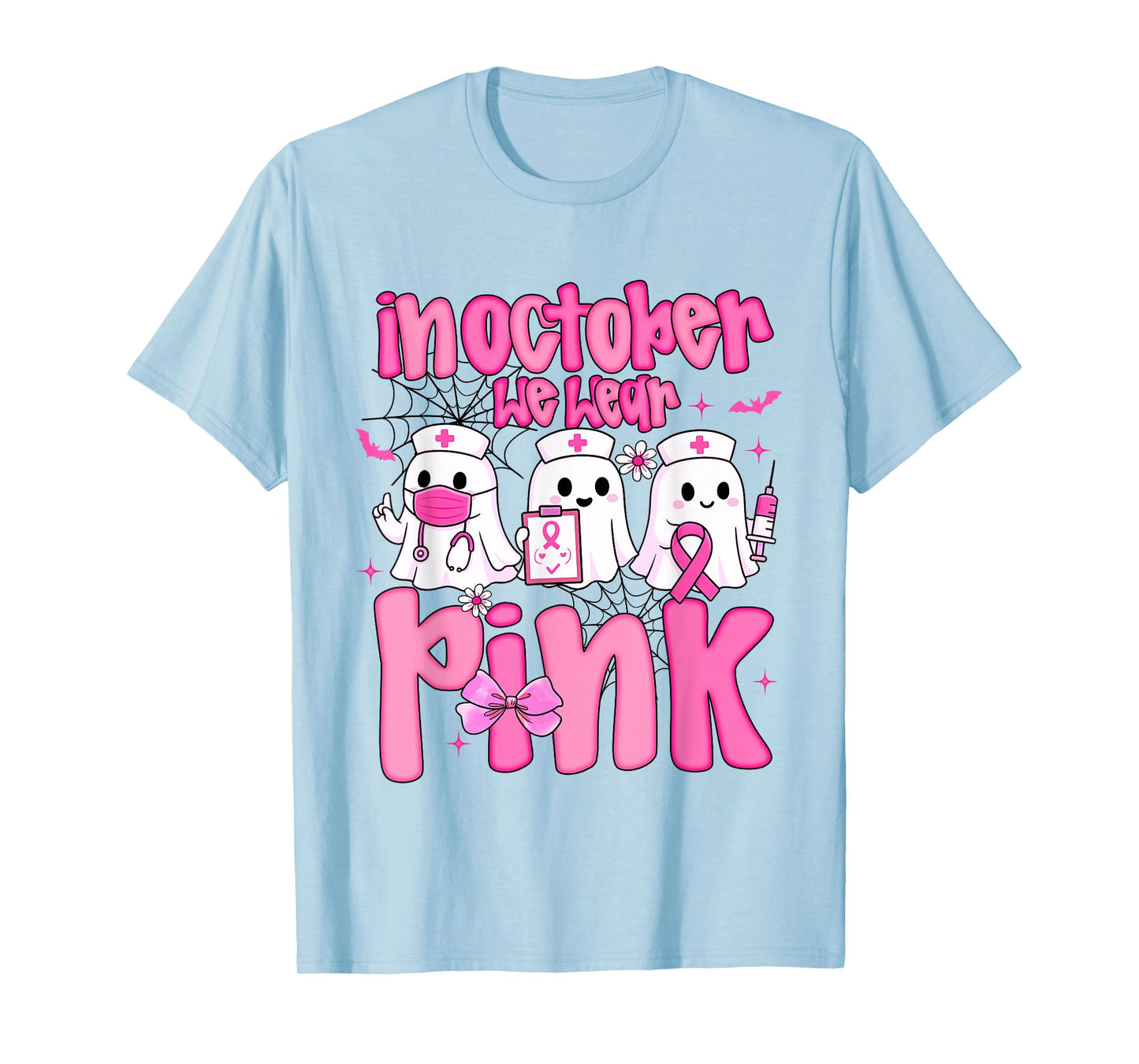 in October We Wear Pink Nurse Ghost Halloween Breast Cancer T-Shirt