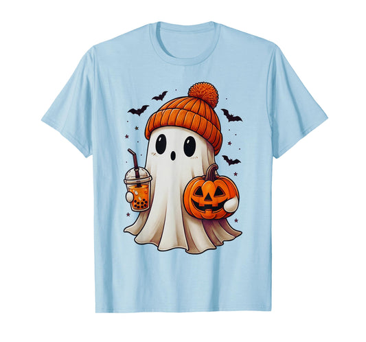 Cute Halloween Ghost with Pumpkin and Boba Kawaii Spooky T-Shirt