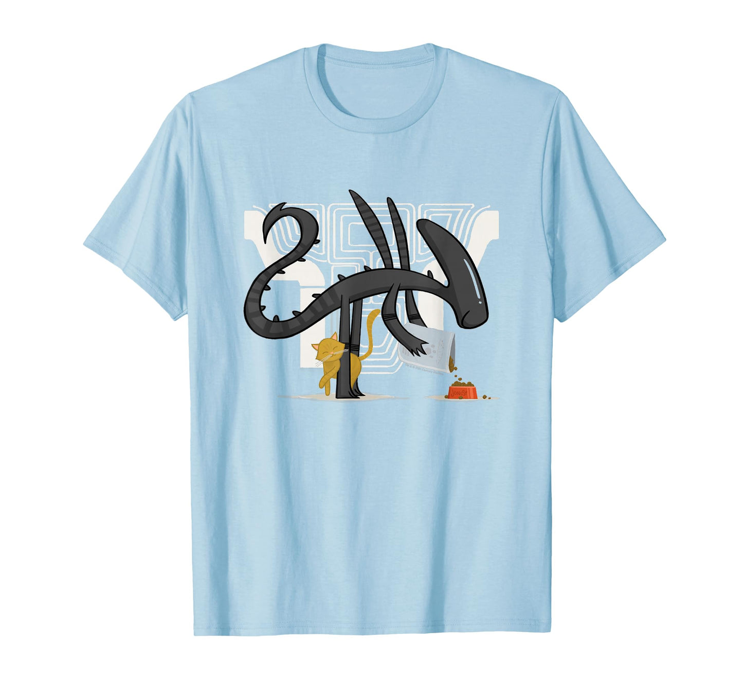Aliens Cute Animated Xenomorph Feeding Cat Big Chest Logo T-Shirt