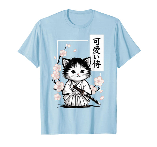 Cute Kawaii Baby Samurai Cat - Japanese Sakura T-Shirt