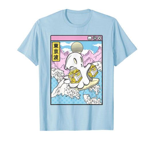 Surfing Ghost Banana Milk Japanese Waves Kawaii Vaporwave T-Shirt