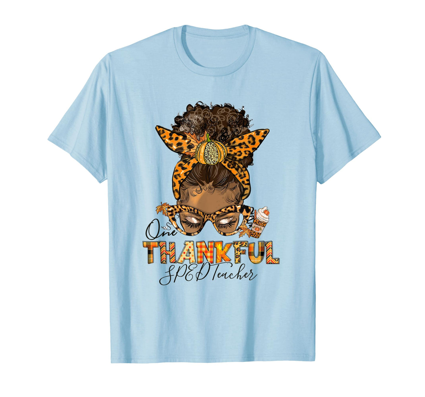 One Thankful SPED Teacher Messy Bun Thanksgiving Afro T-Shirt for Men Women
