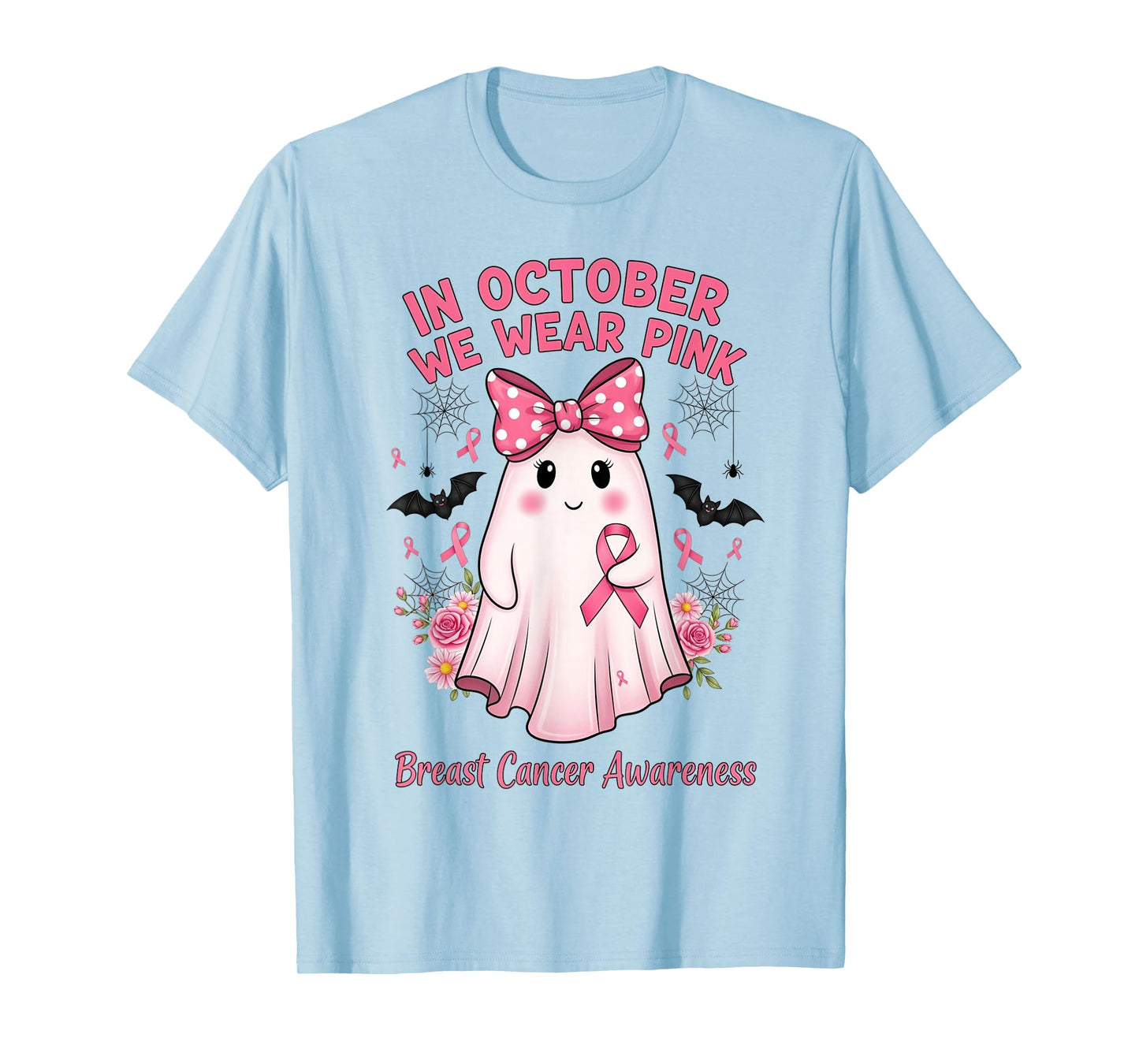 in October We Wear Pink Ghost with Bow Breast Cancer Support T-Shirt