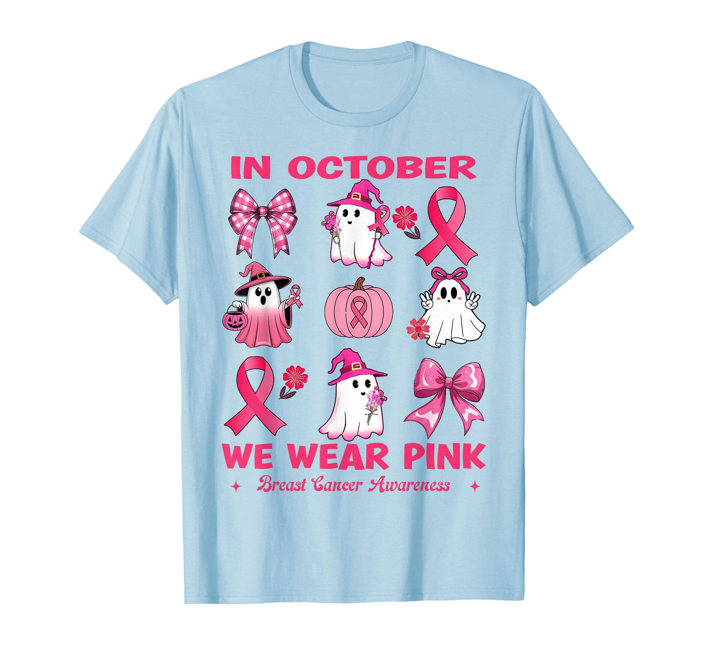 in October We Wear Pink Breast Cancer Cute Ghosts Pumpkin T-Shirt