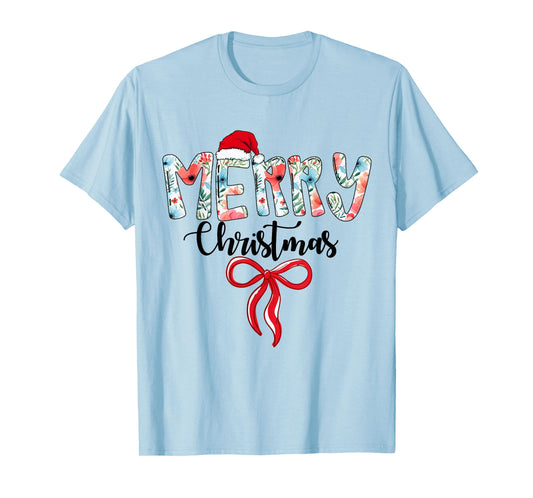 Merry Christmas Coquette Red Bow Girls Santa Hat Xmas Family T-Shirt