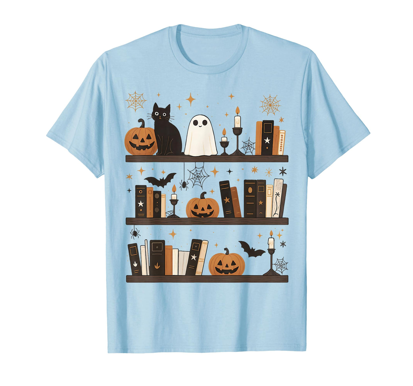 Cozy Halloween Bookshelf Ghost Pumpkin Bookish Book Lovers T-Shirt