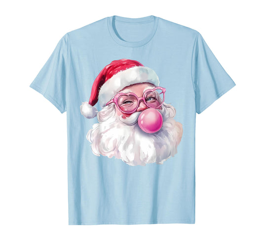 Santa Claus Blowing Bubble Gum Pink Sunglasses Christmas T-Shirt