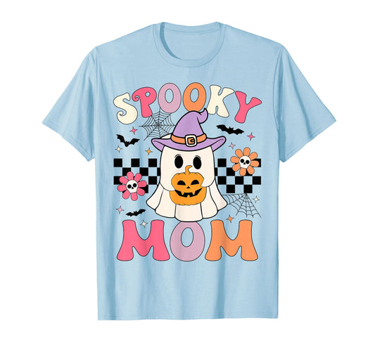 Groovy Spooky Mom Retro Ghost Holding Pumpkin Halloween T-Shirt
