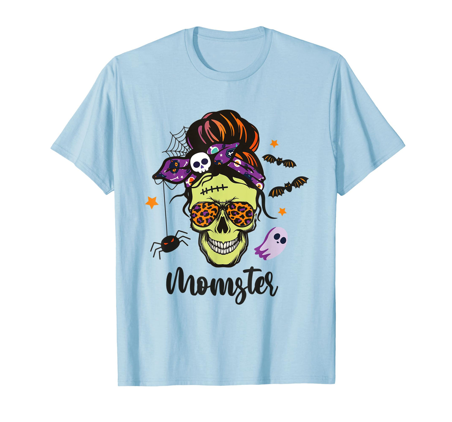 MOMSTER Halloween Skull Mom Messy Hair Bun Monster Momster T-Shirt