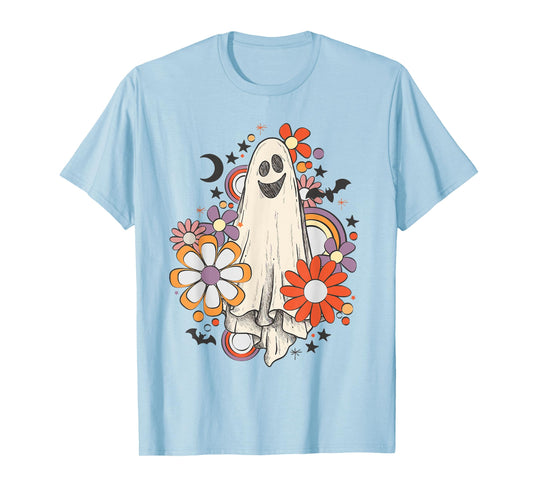 Retro Vintage Ghost Floral Pumpkin Halloween Womens Girls T-Shirt