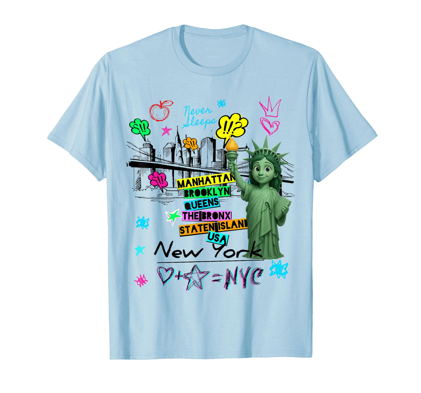 New York City Baby Statue of Liberty Skyline Sketch Cartoon T-Shirt