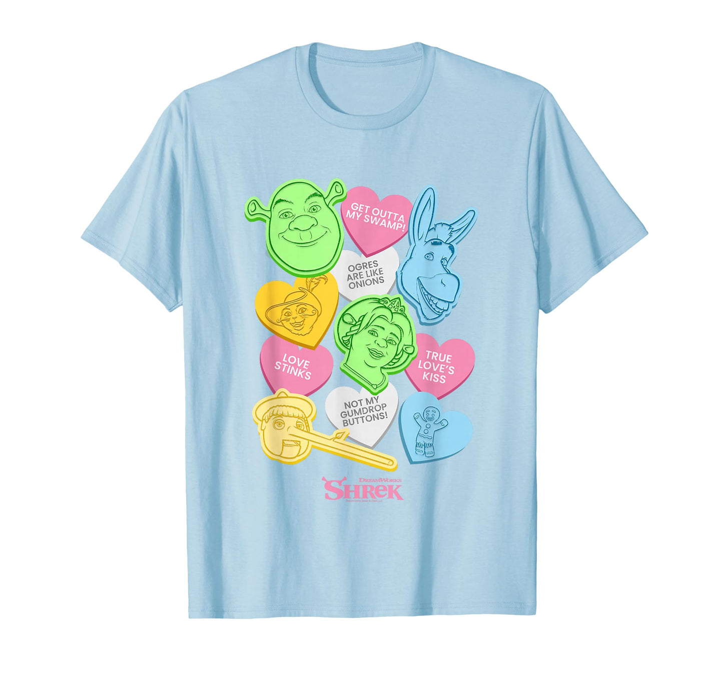 Shrek Valentine's Day Colorful Candy Hearts Big Chest Logo T-Shirt