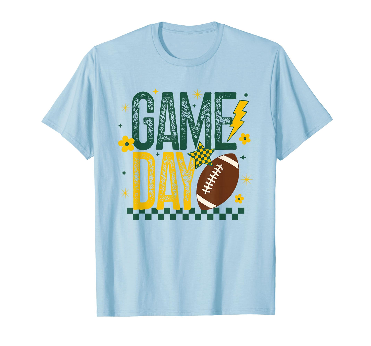 Game Day Football Season Retro Green Gold Checker Touchdown T-Shirt
