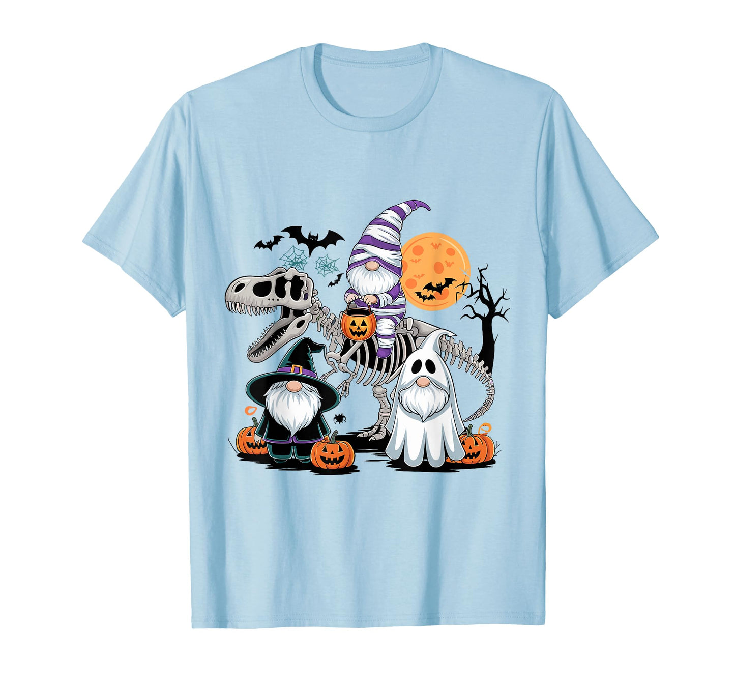 Funny Mummy Gnome Riding Skeleton T-Rex with Ghost Gnomes T-Shirt