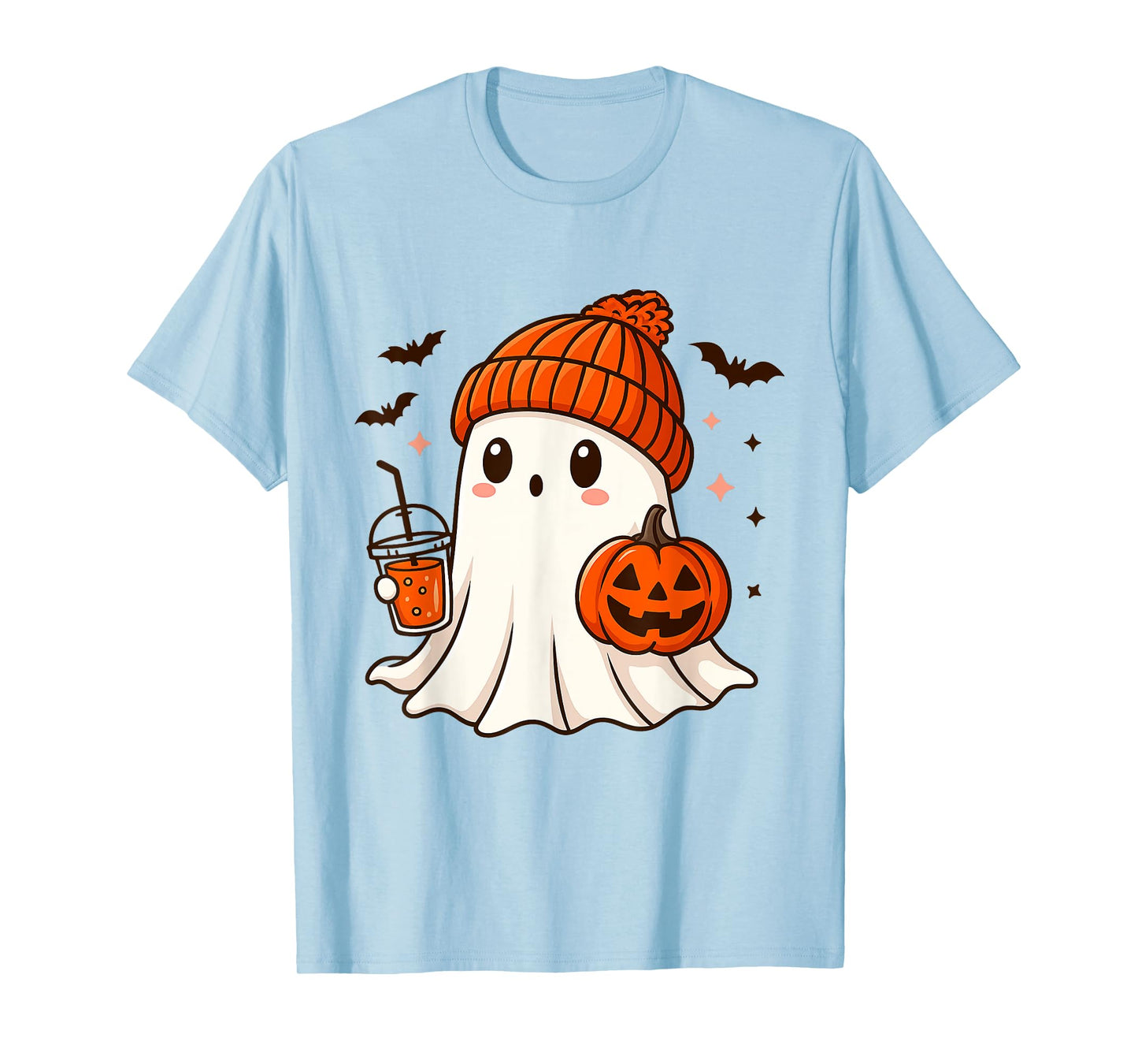 Cute Ghost with Beanie Holding Pumpkin Coffee Halloween T-Shirt
